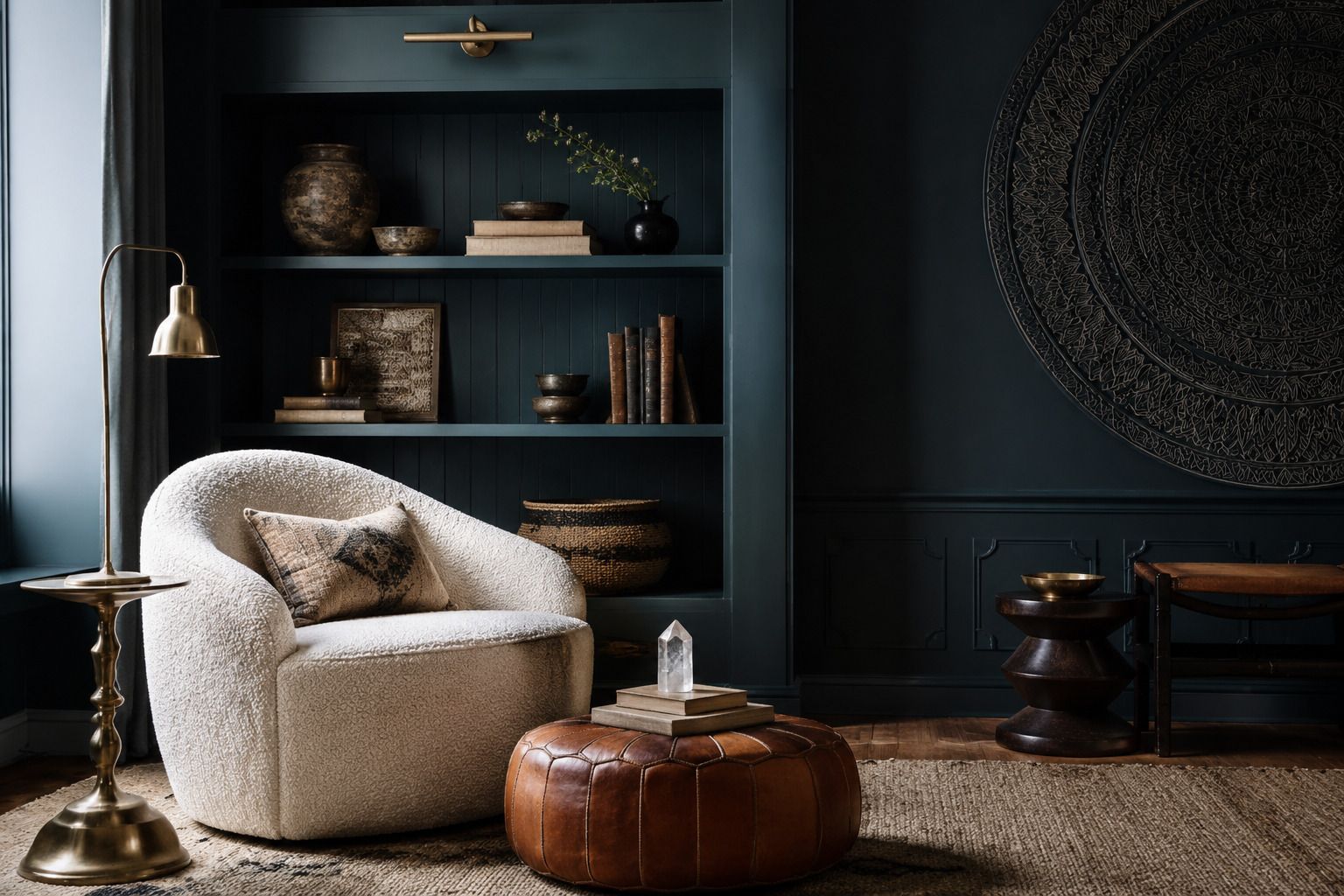 Deep teal and cream boho-chic room with brass, cognac leather, a quartz crystal, and a large mandala wall detail