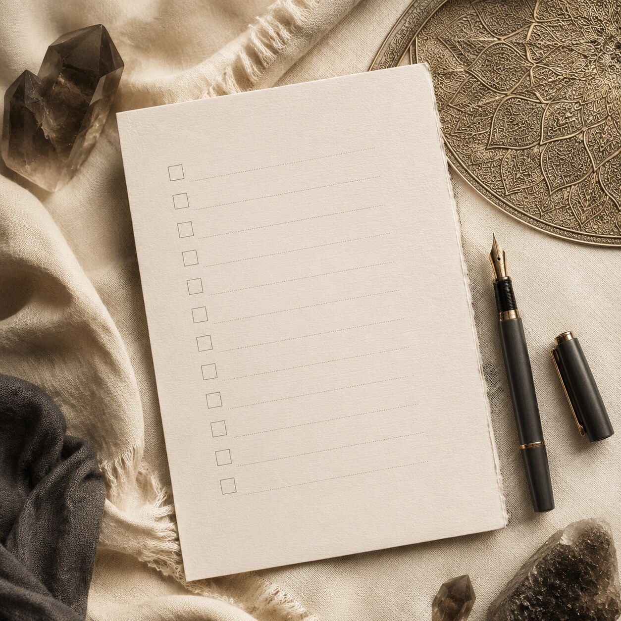 Hysterectomy preparation checklist styled with smoky quartz and a gold mandala