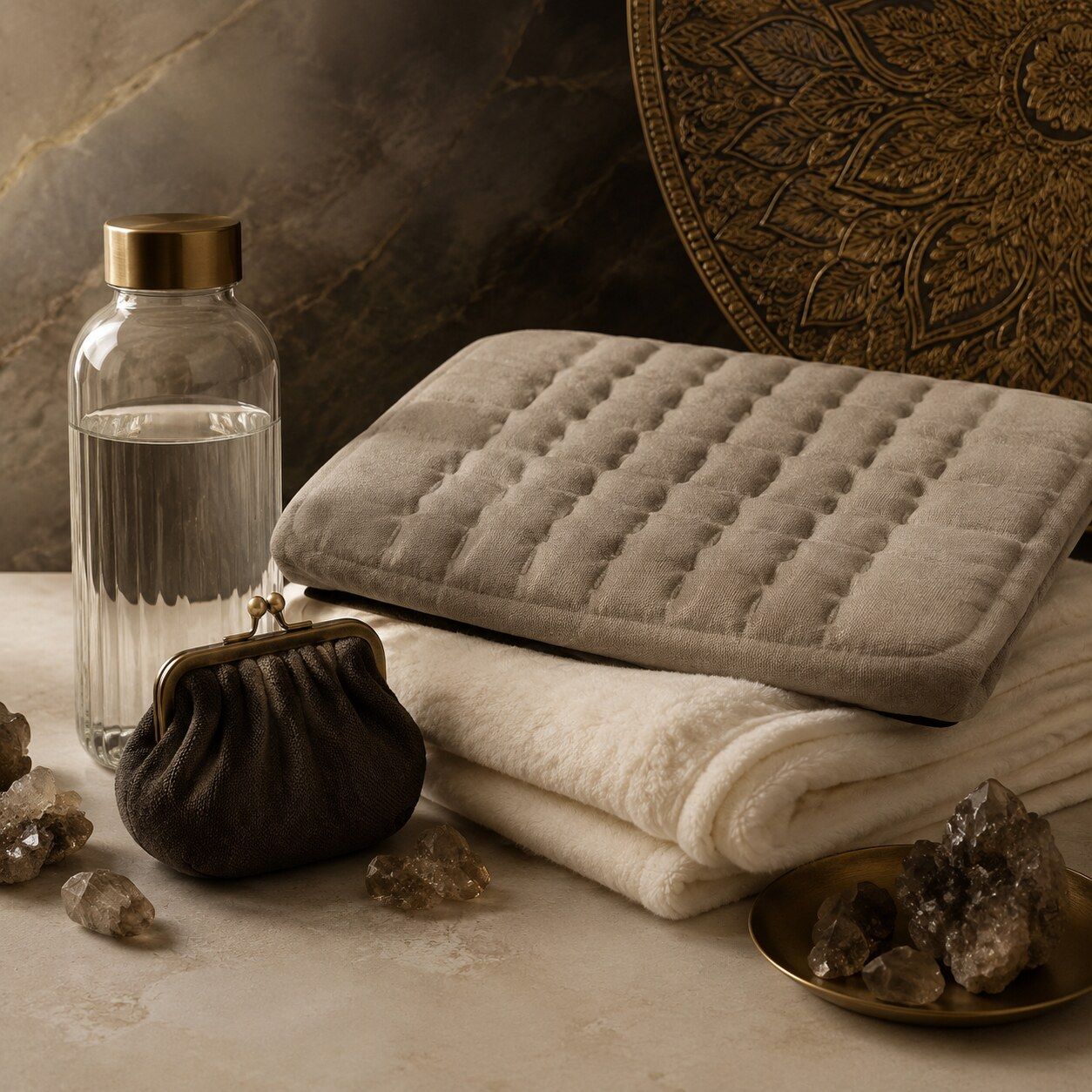 Useful recovery comforts styled with smoky quartz in a restrained neutral palette