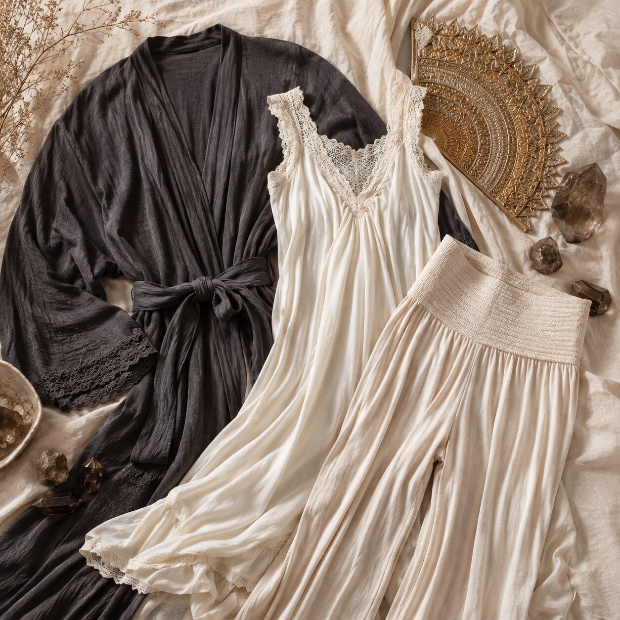 Cream and charcoal recovery clothes styled with smoky quartz and a gold mandala