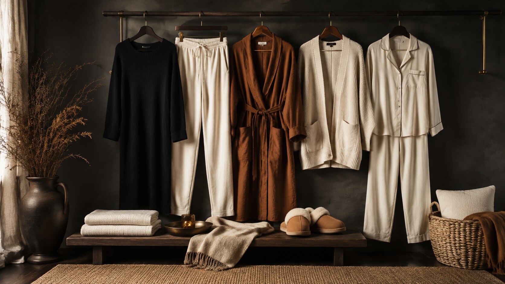 Luxury recovery wardrobe of loose black, ivory, and cognac clothing with soft slippers