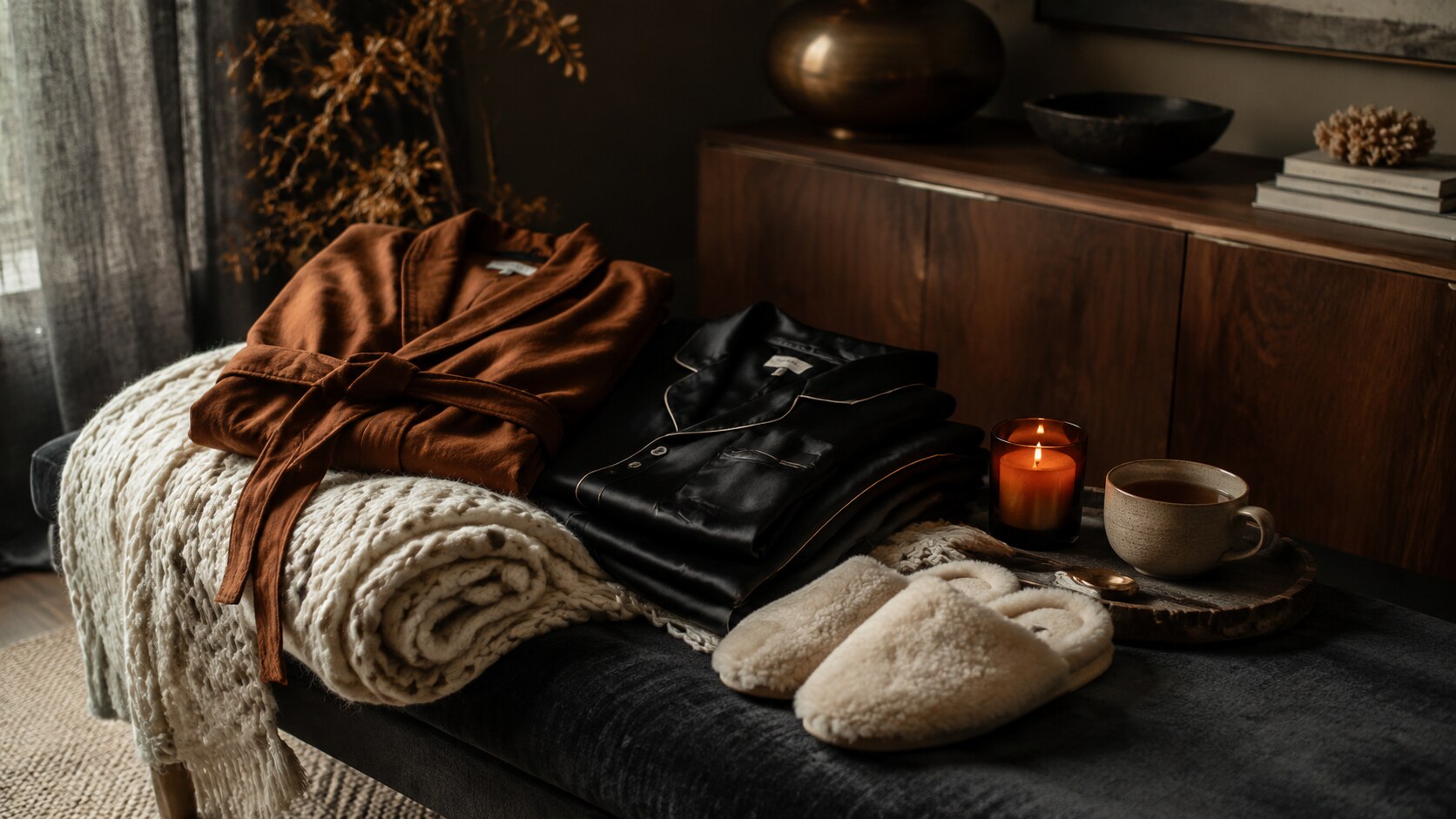 Cozy black, ivory, and cognac vignette with a robe, silk pajamas, chunky throw, slippers, tea, and candle