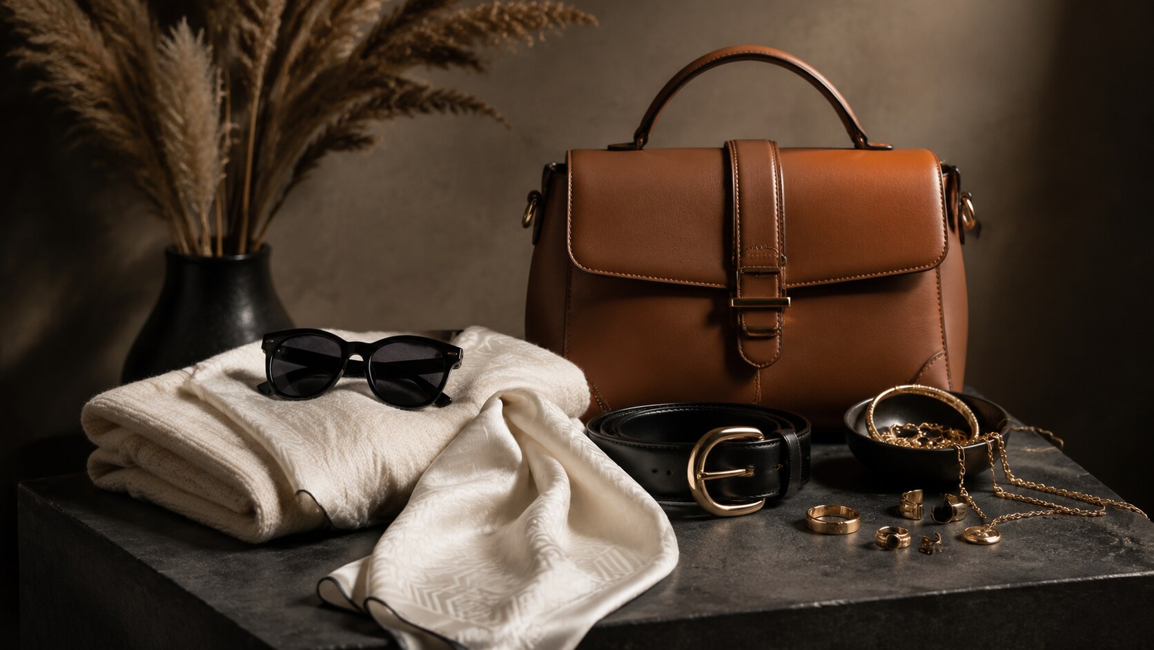 Editorial fashion accessories including a cognac handbag, gold jewelry, black sunglasses, belt, and ivory scarf