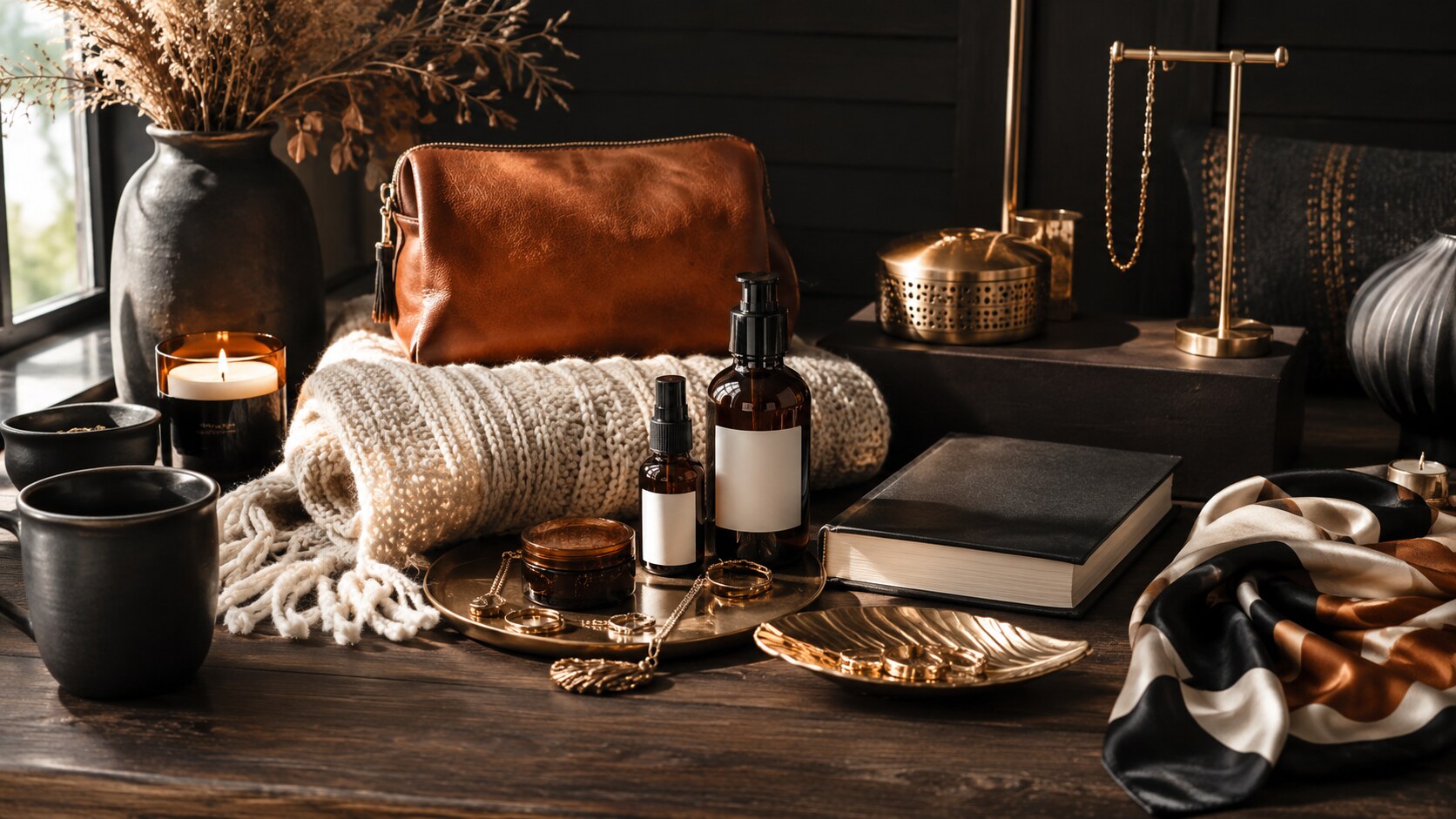 Abundant boho-luxury gift table with a leather pouch, cozy throw, beauty finds, jewelry, candle, and home accents