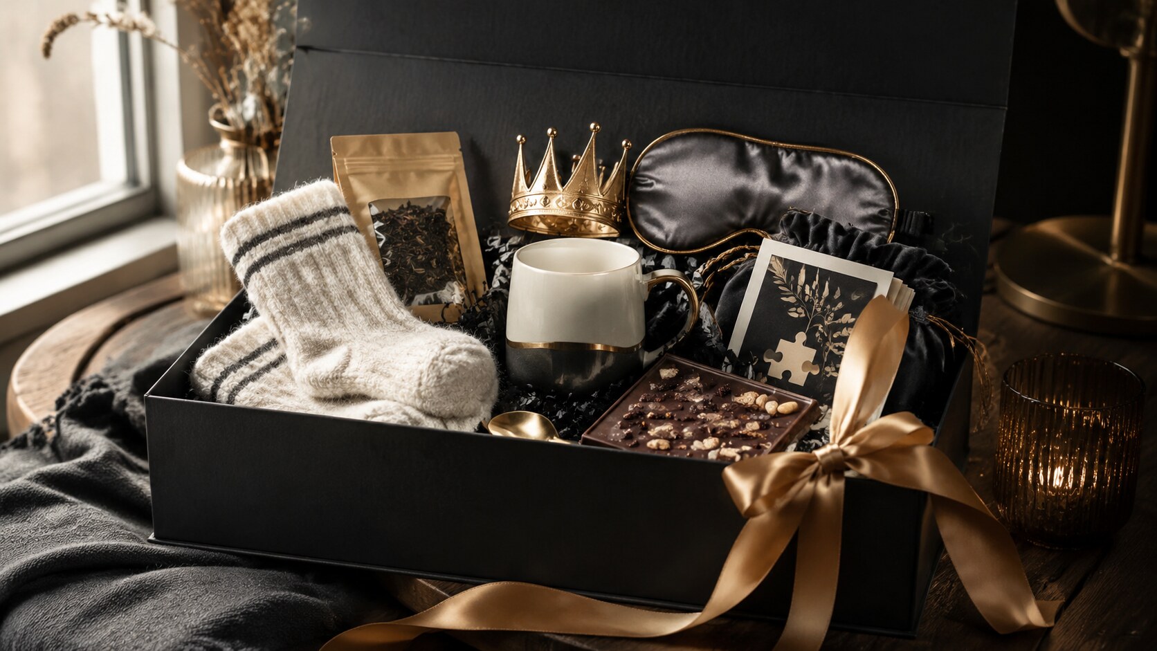 Elegant black recovery gift box with cozy socks, tea, chocolate, an eye mask, and a playful gold crown