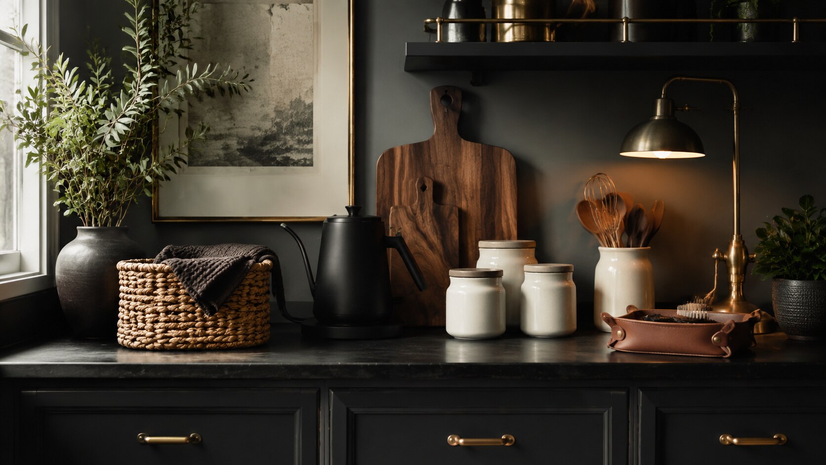 Moody black kitchen with a matte kettle, ivory canisters, brass lamp, woven basket, and useful everyday tools