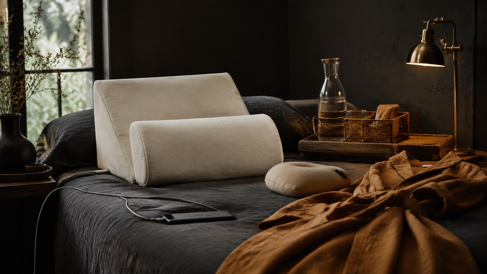 Moody recovery bedroom with ivory support pillows, a cognac robe, water, and practical bedside essentials
