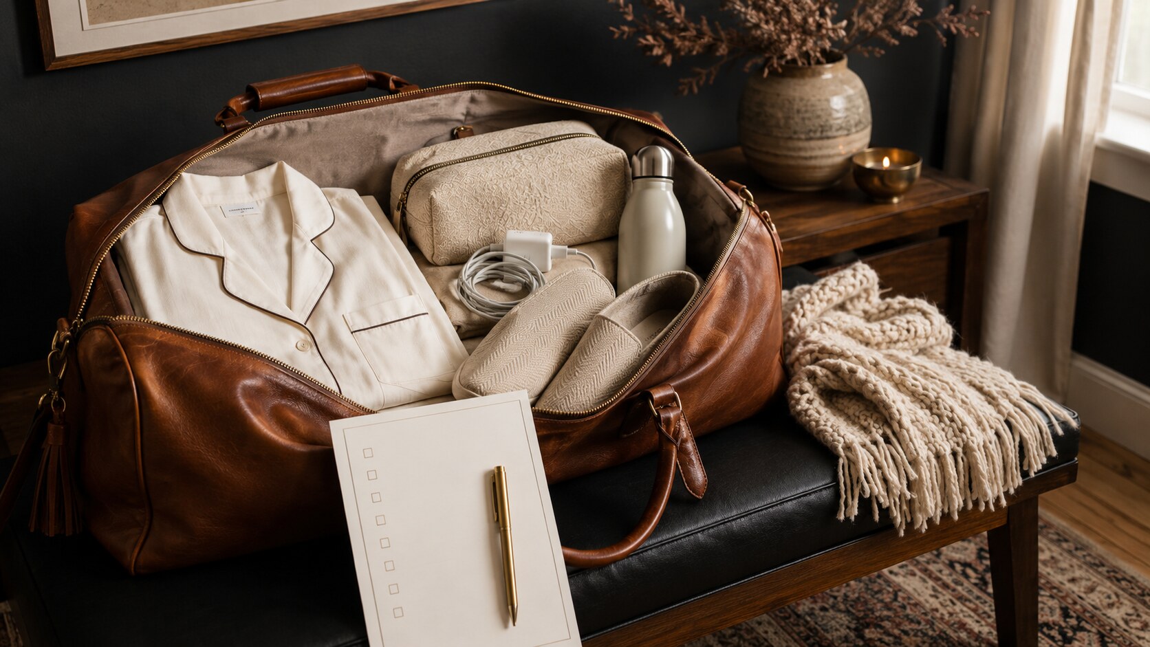 Cognac hospital bag packed with soft clothing, chargers, slippers, water, and a preparation checklist