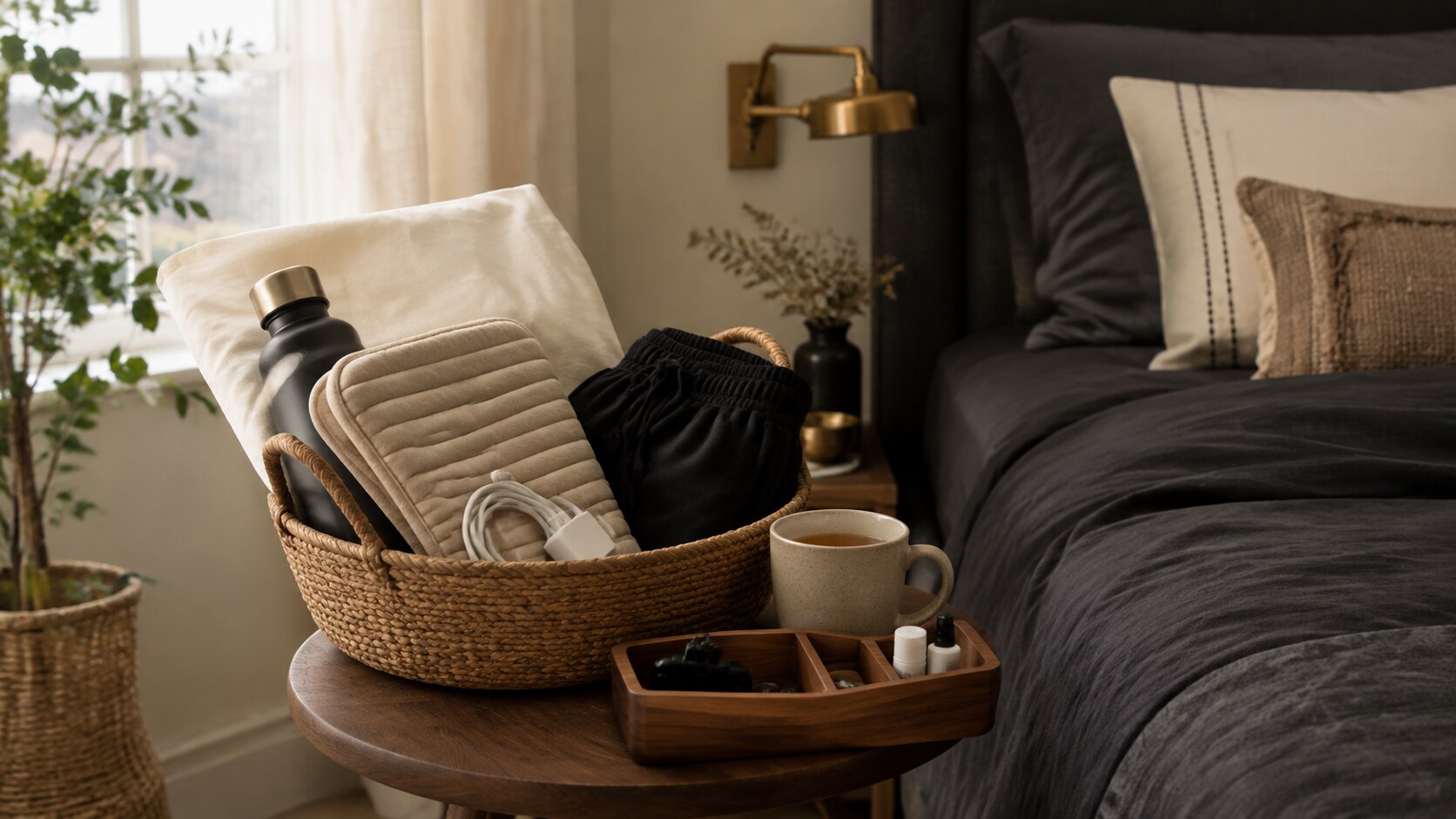 Woven basket of affordable recovery basics beside a calm charcoal and ivory bedroom