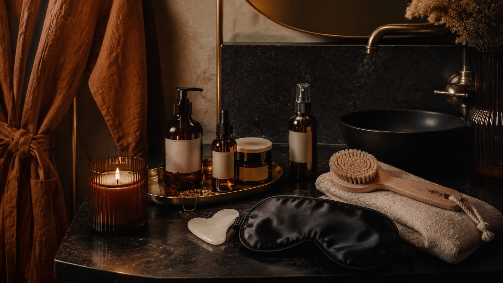 Elevated evening self-care ritual with amber skincare, gua sha, silk eye mask, candle, and cognac robe