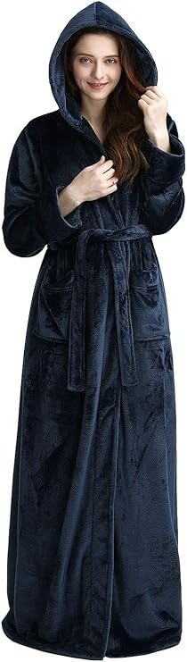 Long navy plush hooded robe