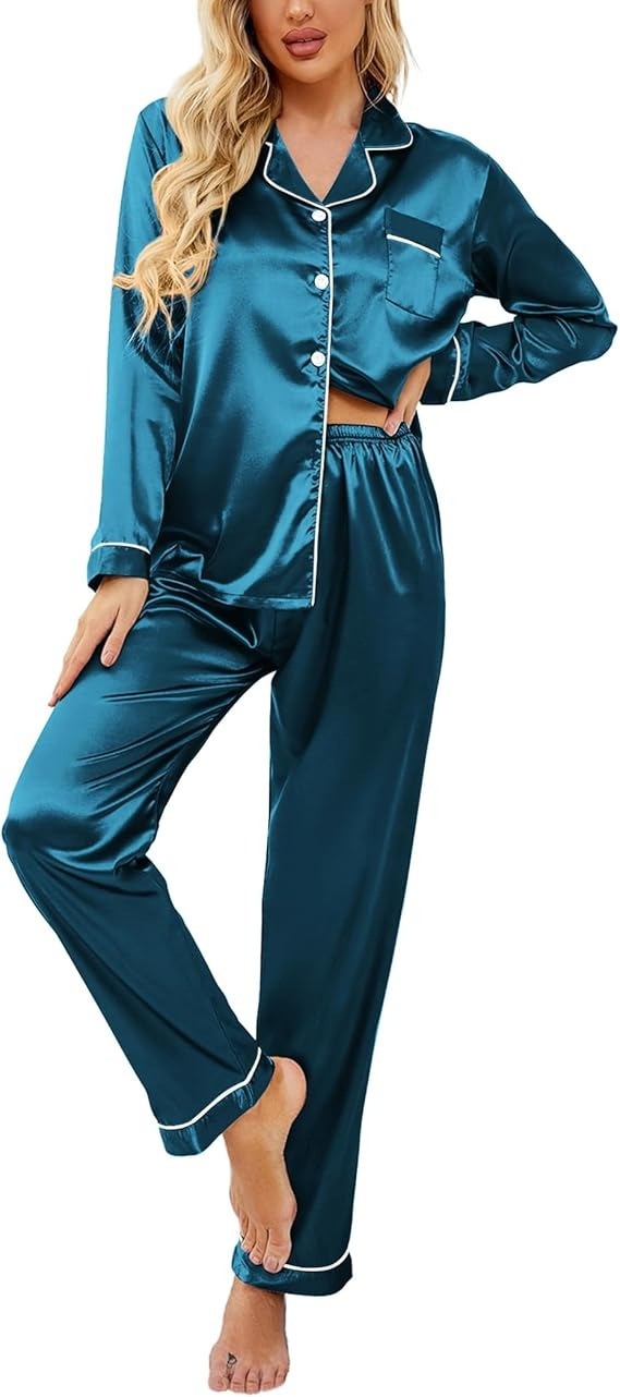 Teal satin pajama set