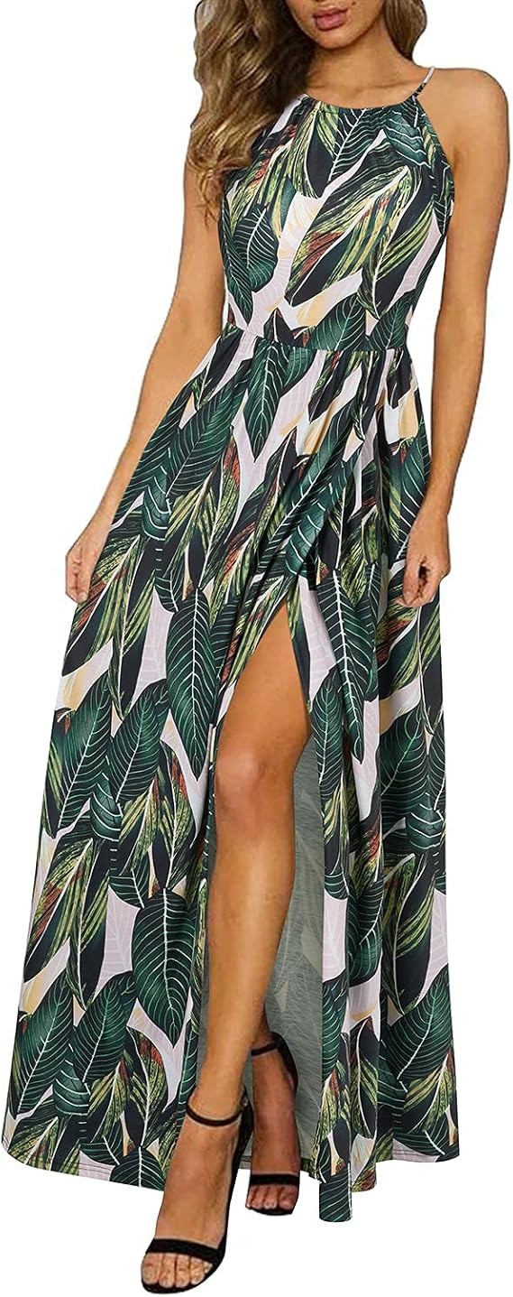 Leaf-print loose maxi dress