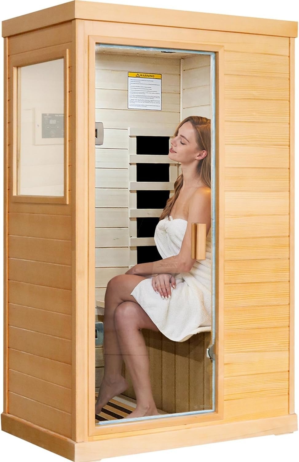 Wooden infrared sauna cabin used for an at-home heat routine