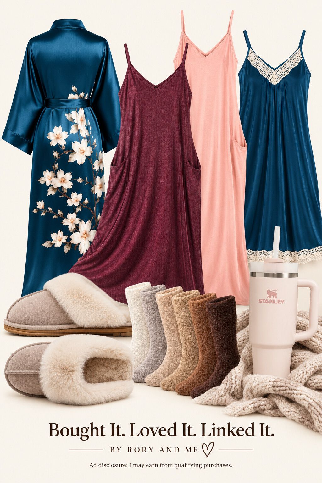 Cozy recovery sleepwear collection with floral robe, loose nightgowns, slippers, neutral socks, and tumbler
