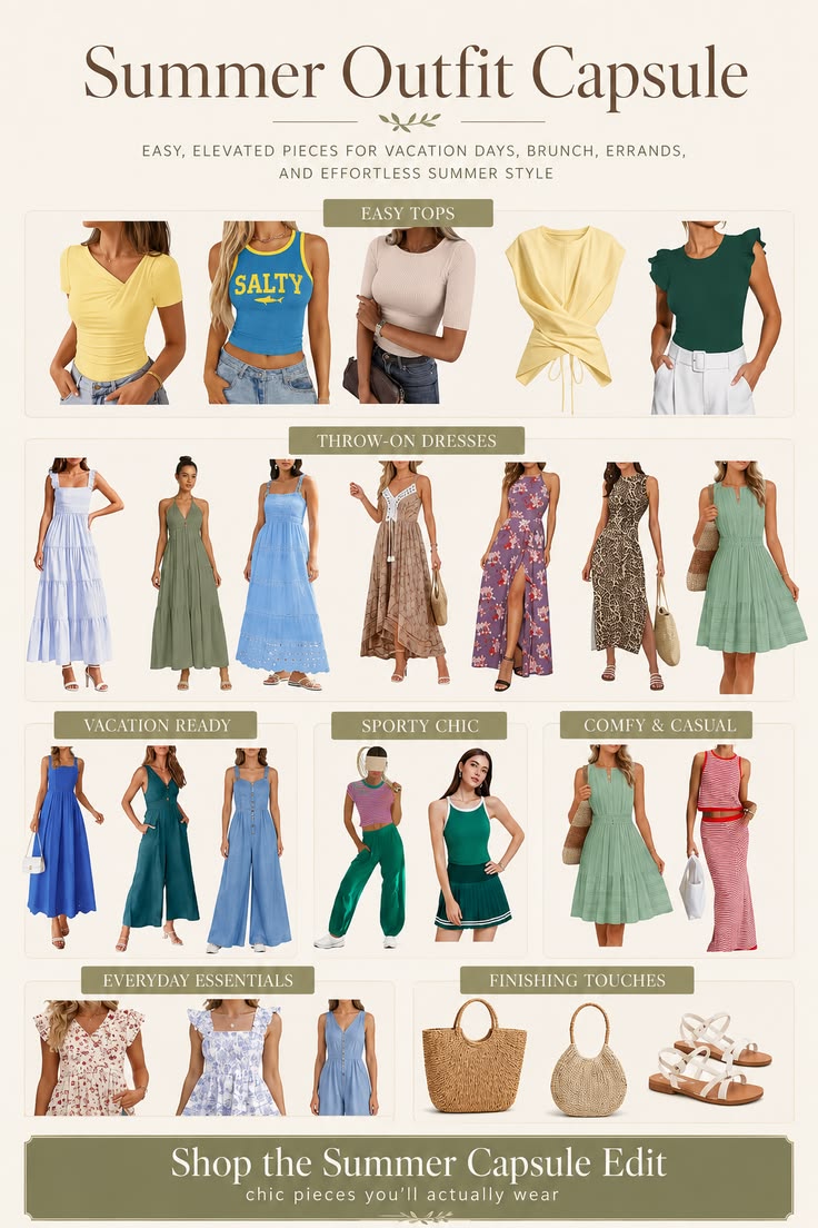 Summer outfit capsule with casual tops, flowy dresses, vacation outfits, sporty looks, bags, and sandals
