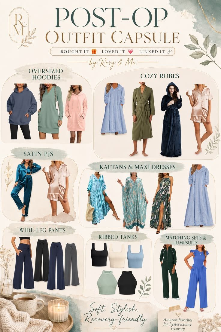 Post-op outfit capsule with hoodies, robes, pajamas, kaftans, wide-leg pants, tanks, and jumpsuits