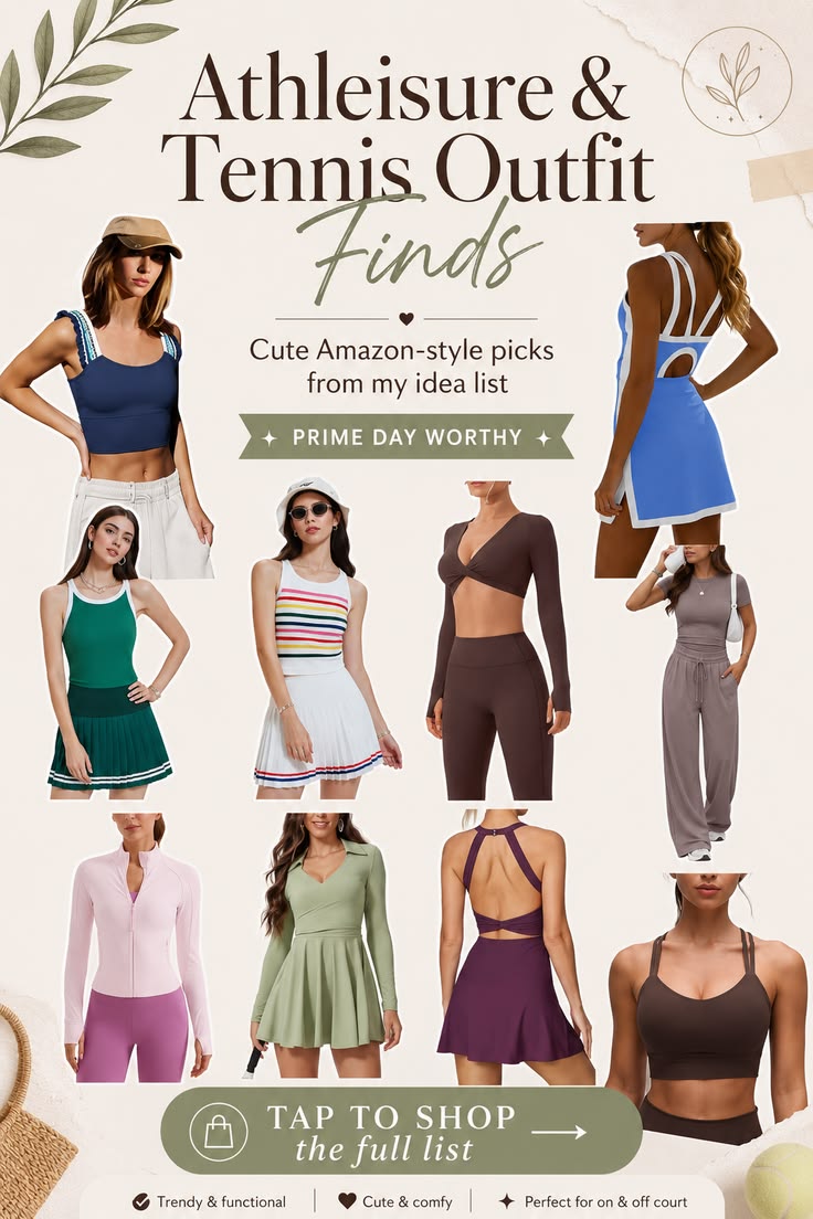 Athleisure and tennis outfit collection with dresses, skirts, cropped tops, leggings, and matching sets