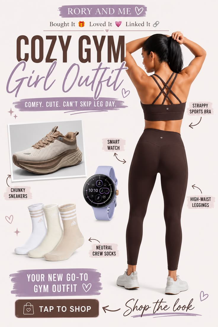 Cozy gym outfit with brown leggings, strappy sports bra, chunky sneakers, crew socks, and smartwatch