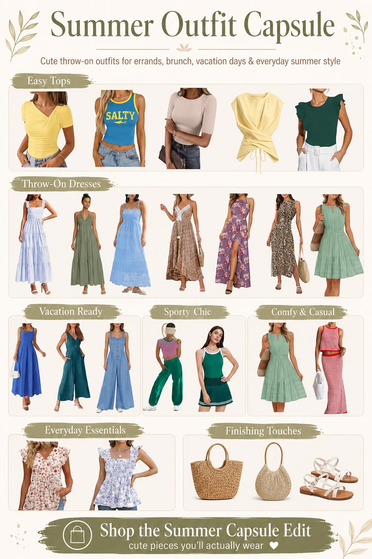 Summer vacation capsule with easy tops, throw-on dresses, sporty outfits, bags, jewelry, and sandals