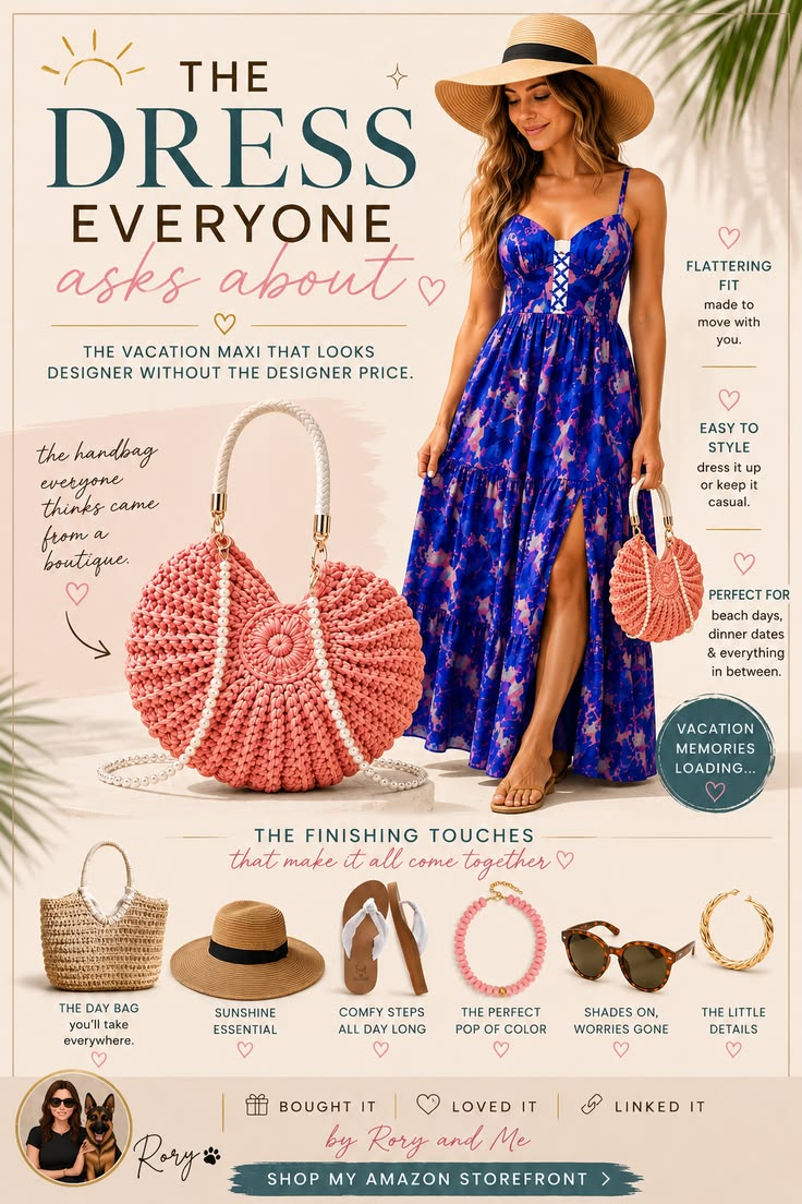 Colorful printed vacation maxi dress styled with woven handbags, sunglasses, sandals, and sun hat