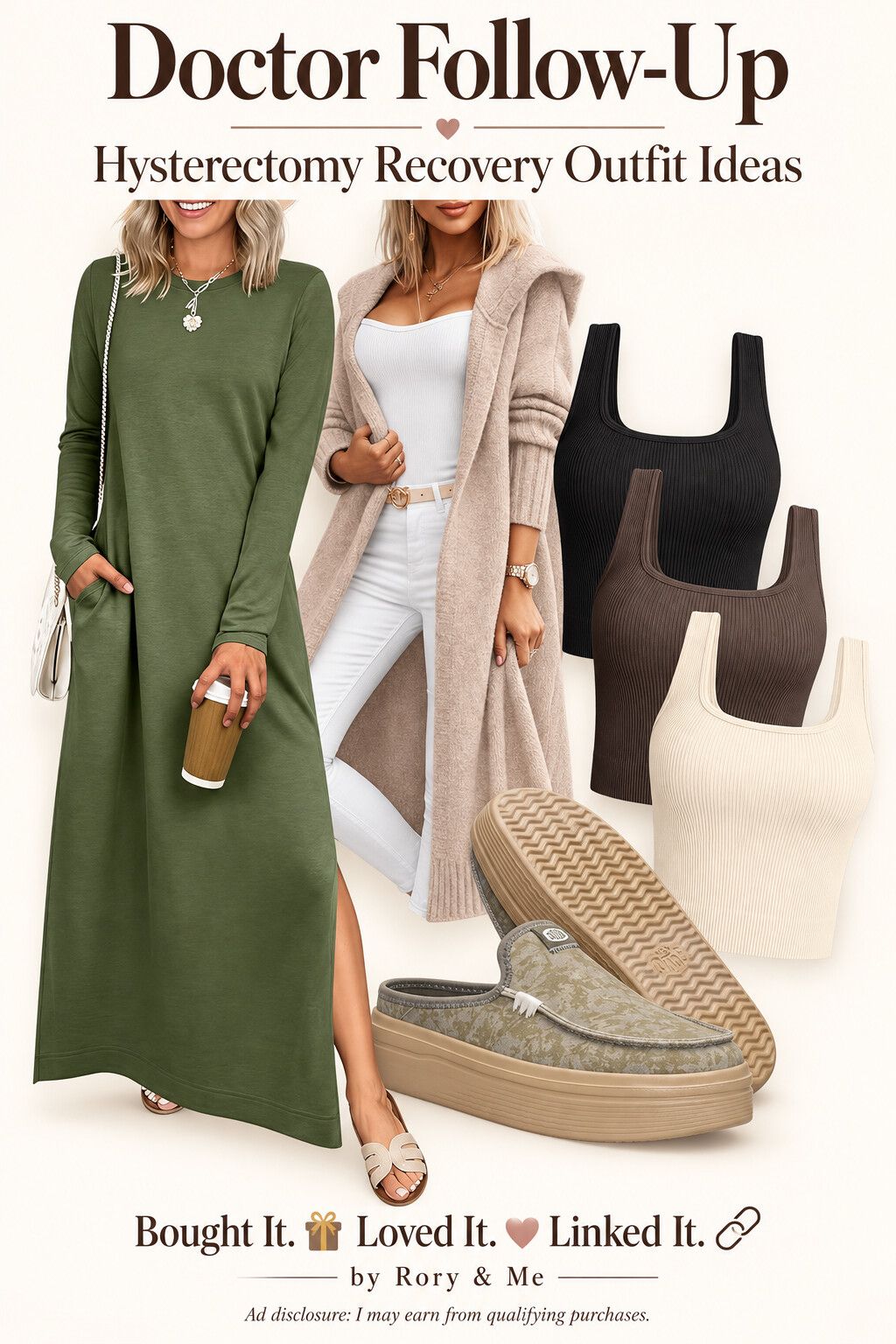Recovery outfits with loose green maxi dress, oatmeal cardigan, ribbed tanks, and supportive slip-on shoes