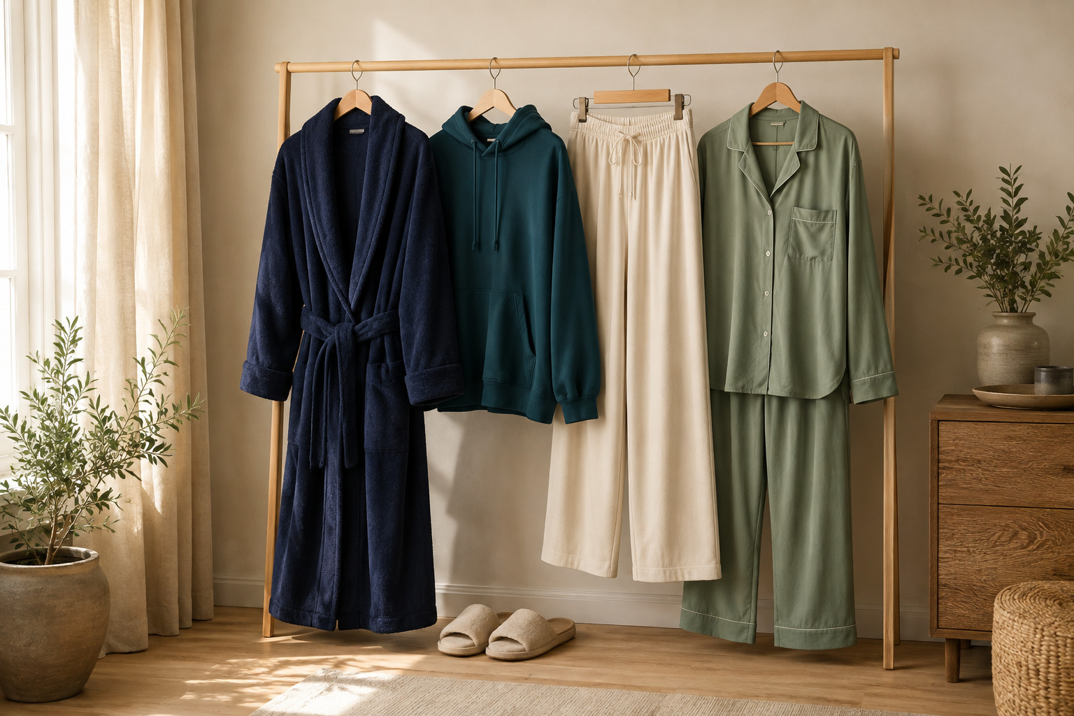Comfortable post-operative wardrobe on a clothing rack
