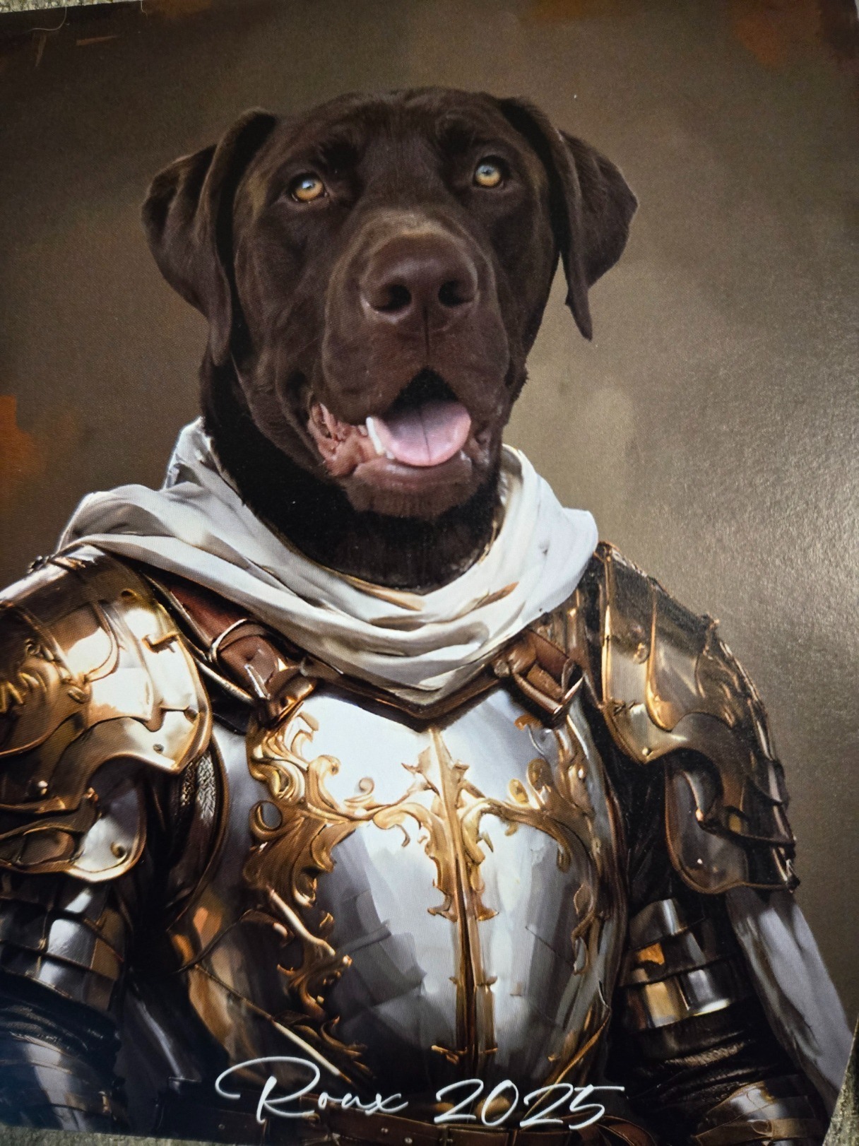 Custom knight portrait of a black dog