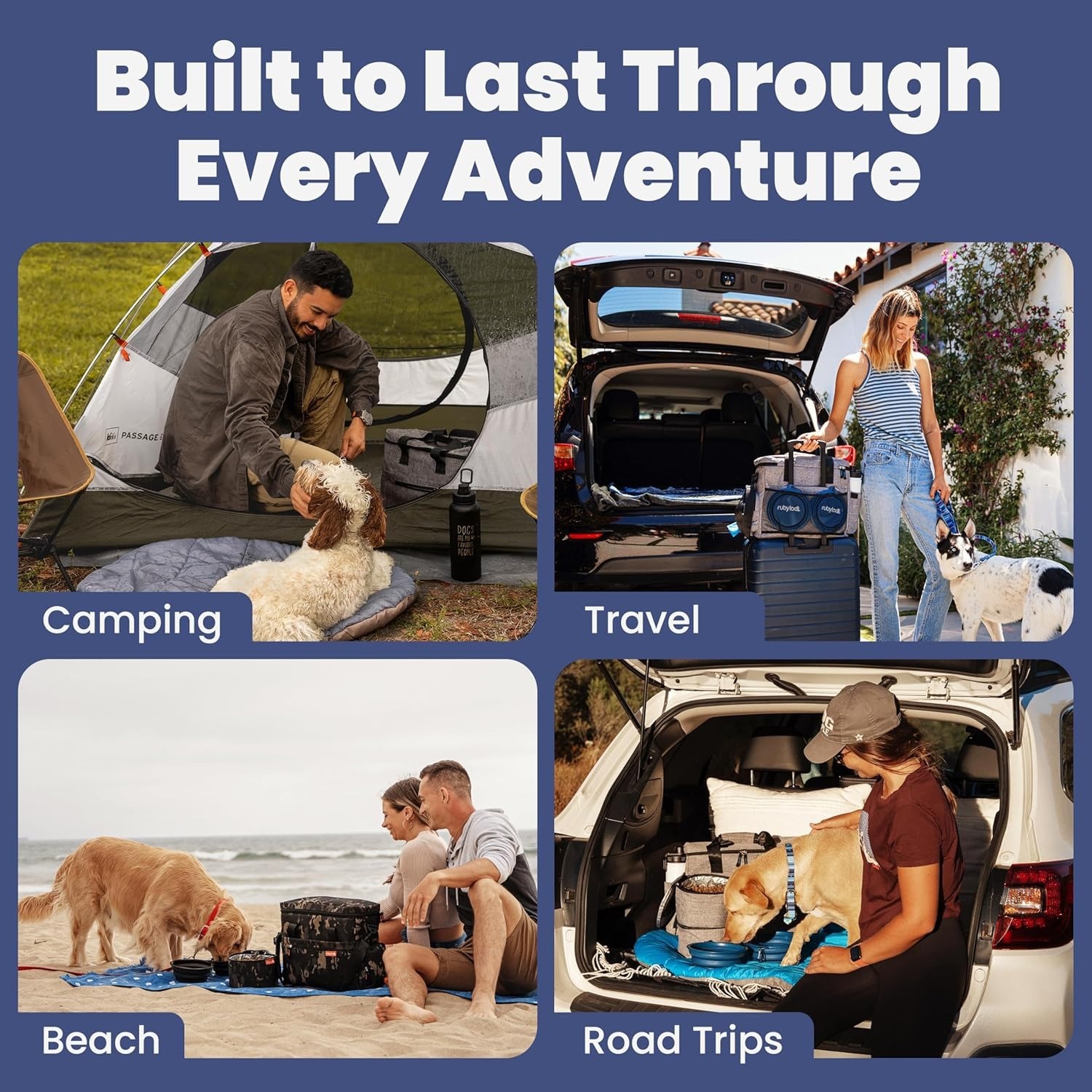 Rubyloo dog travel bag used for camping, beach trips, and road trips