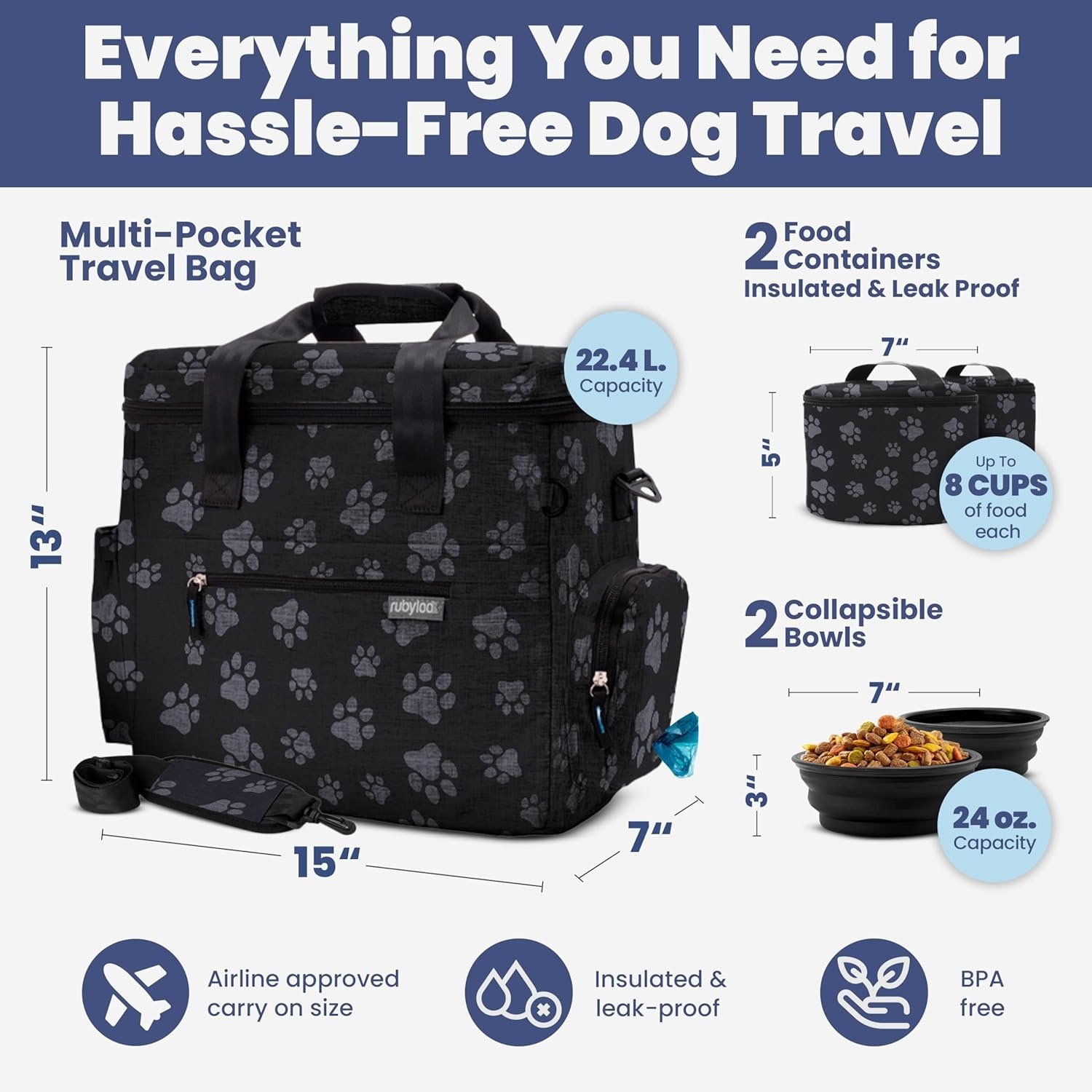 Rubyloo dog travel bag compartments, bowls, and food containers