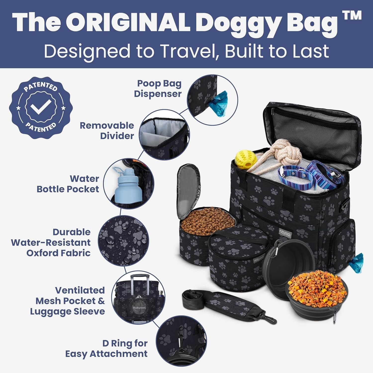 The Rubyloo Original Doggy Bag and included travel accessories