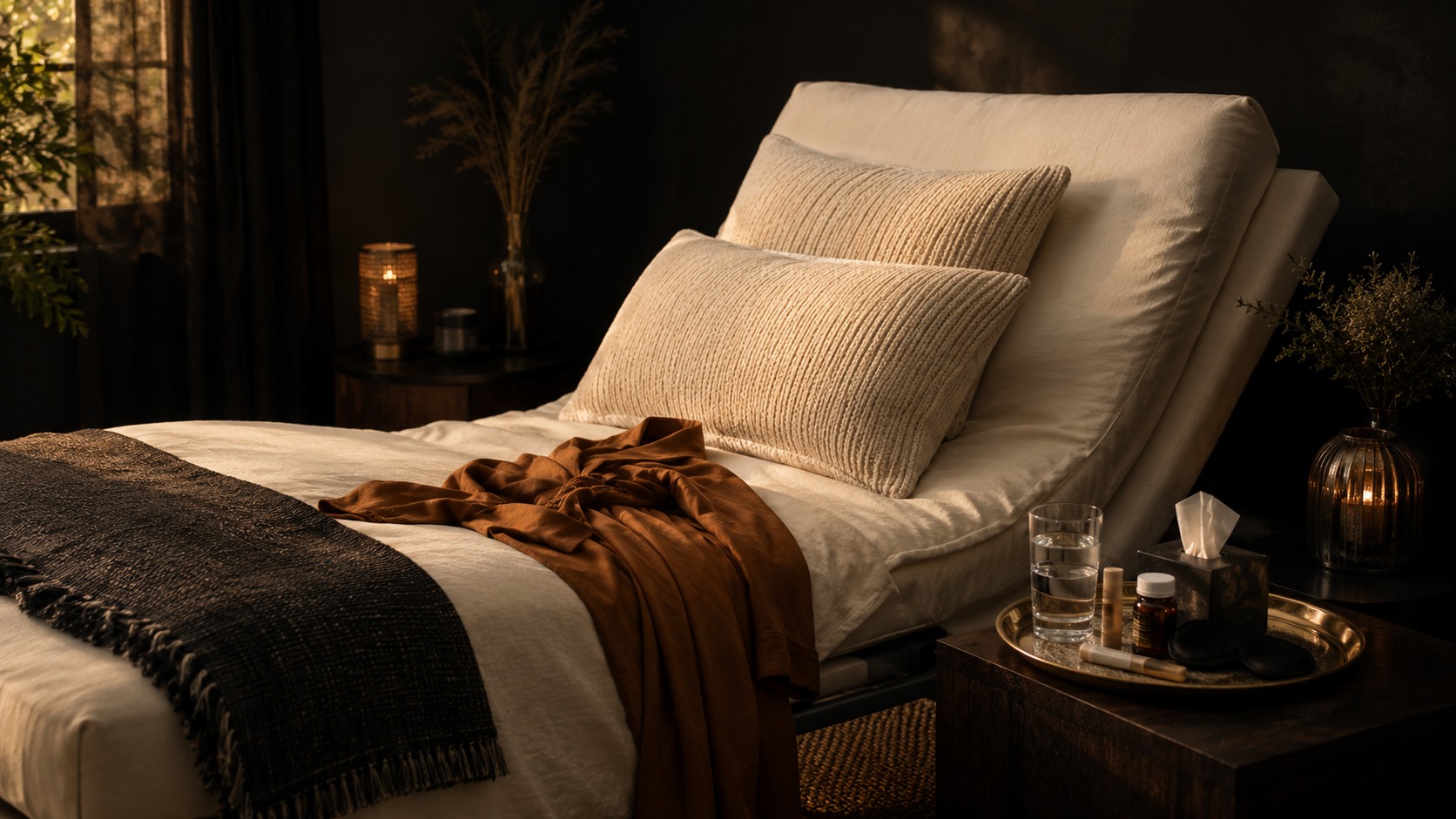 Luxurious post-surgery recovery bed with ivory support pillows, a cognac robe, water, and practical recovery essentials